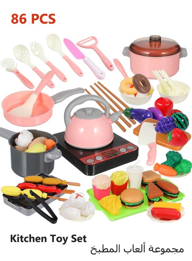 مجموعة ألعاب مطبخ للأطفال مكونة من 86 قطعة، مجموعة ألعاب مطبخ، محاكاة محمولة لطهي الطعام، أدوات مائدة، ألعاب فاكهة، أدوات مطبخ مع مؤثرات صوتية، أنماط لعب متنوعة - Image 1